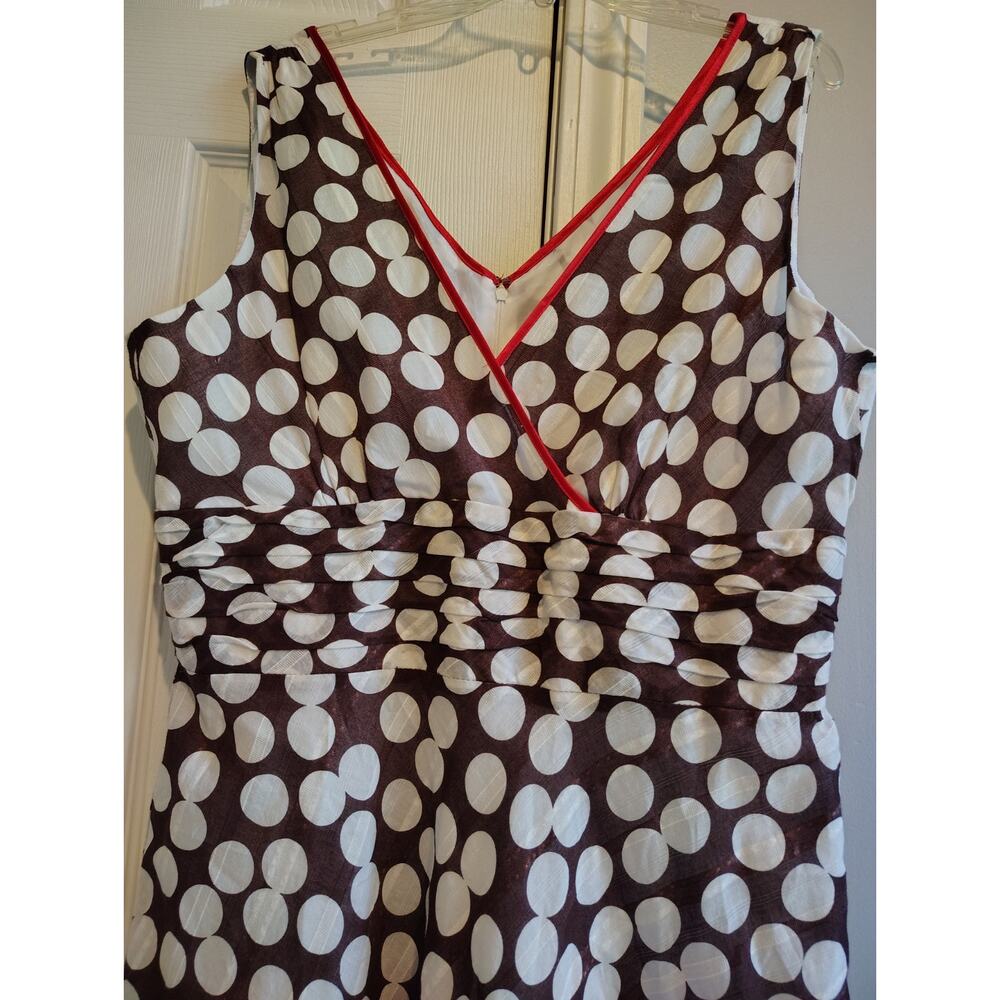 Amanda Lane Polka Dot A-Line Midi Dress Brown White Red Trim Size 12 Cotton... - Picture 8 of 14